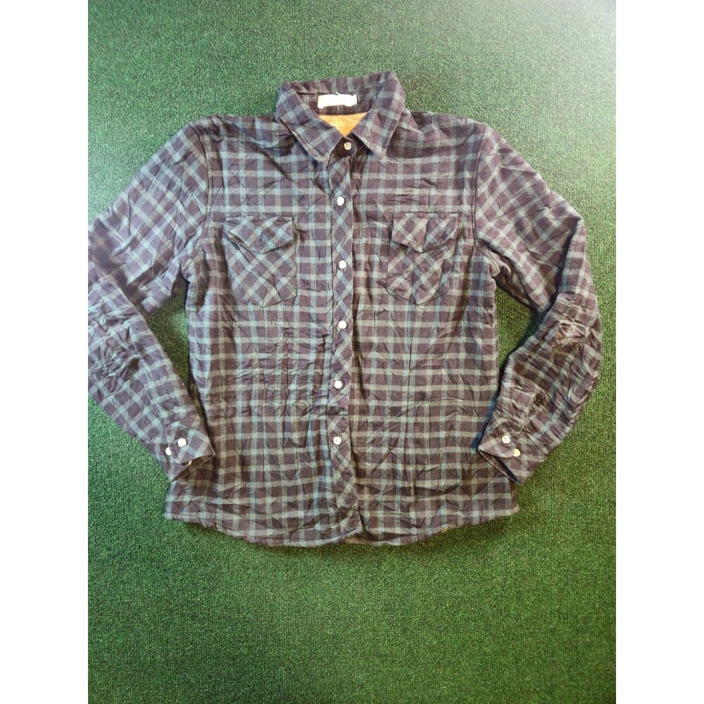 Jiang Yi Xuan Green Plaid Fleece Lined Flannel Shirt Size Xl Cotton Button Down